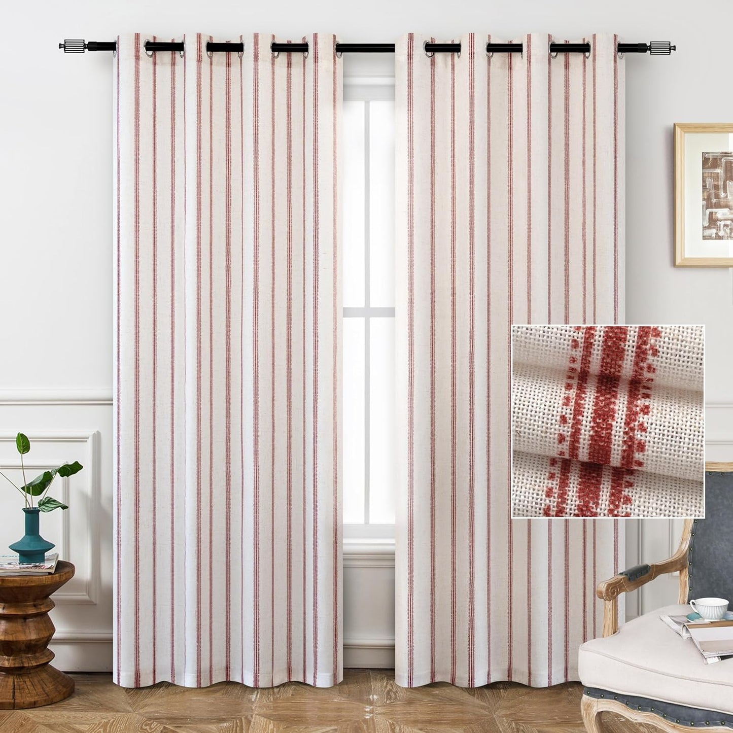 Driftaway Farmhouse Linen Blend Blackout Curtains 84 Inches Long for Bedroom Vertical Striped Printed Linen Curtains Thermal Insulated Grommet Lined Treatments for Living Room 2 Panels W52 X L84 Grey  DriftAway Red 52"X90" 