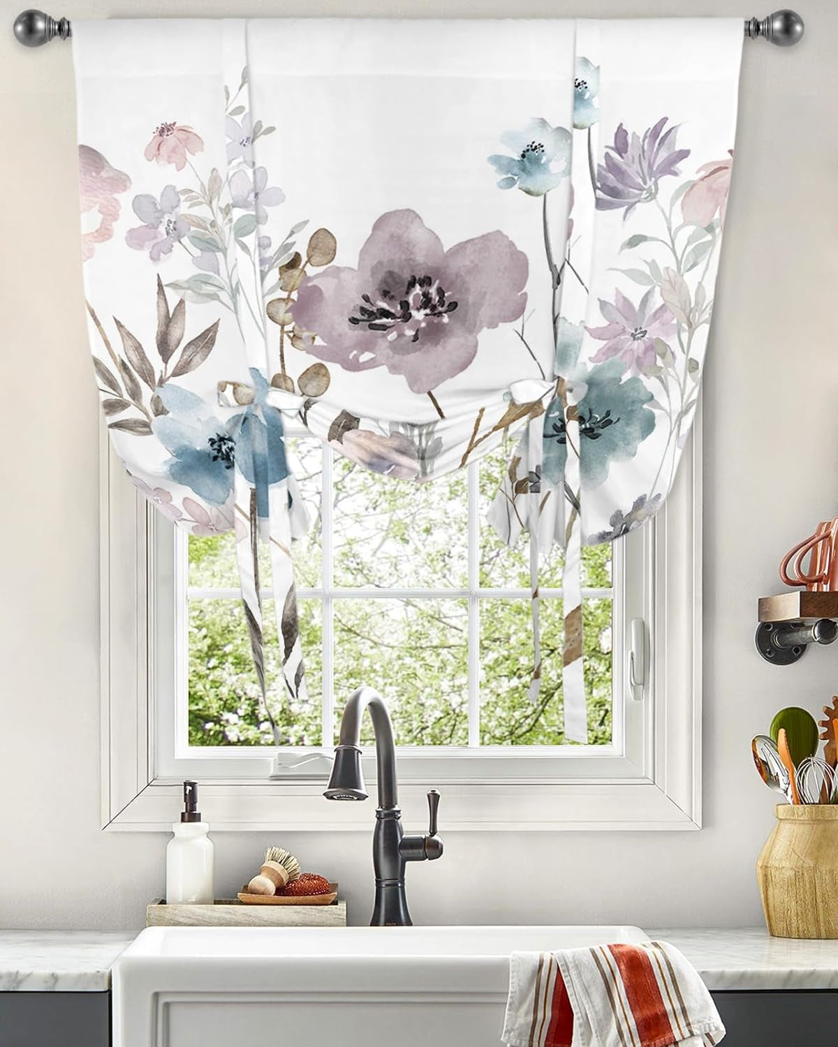 Tie up Watercolor Floral Valance Curtains for Windows, Adjustable Window Shade Valances for Kitchen Living Room Bathroom Rod Pocket Curtains Window Treatments Grey Blue Purple Herb Botanical 34"X45"