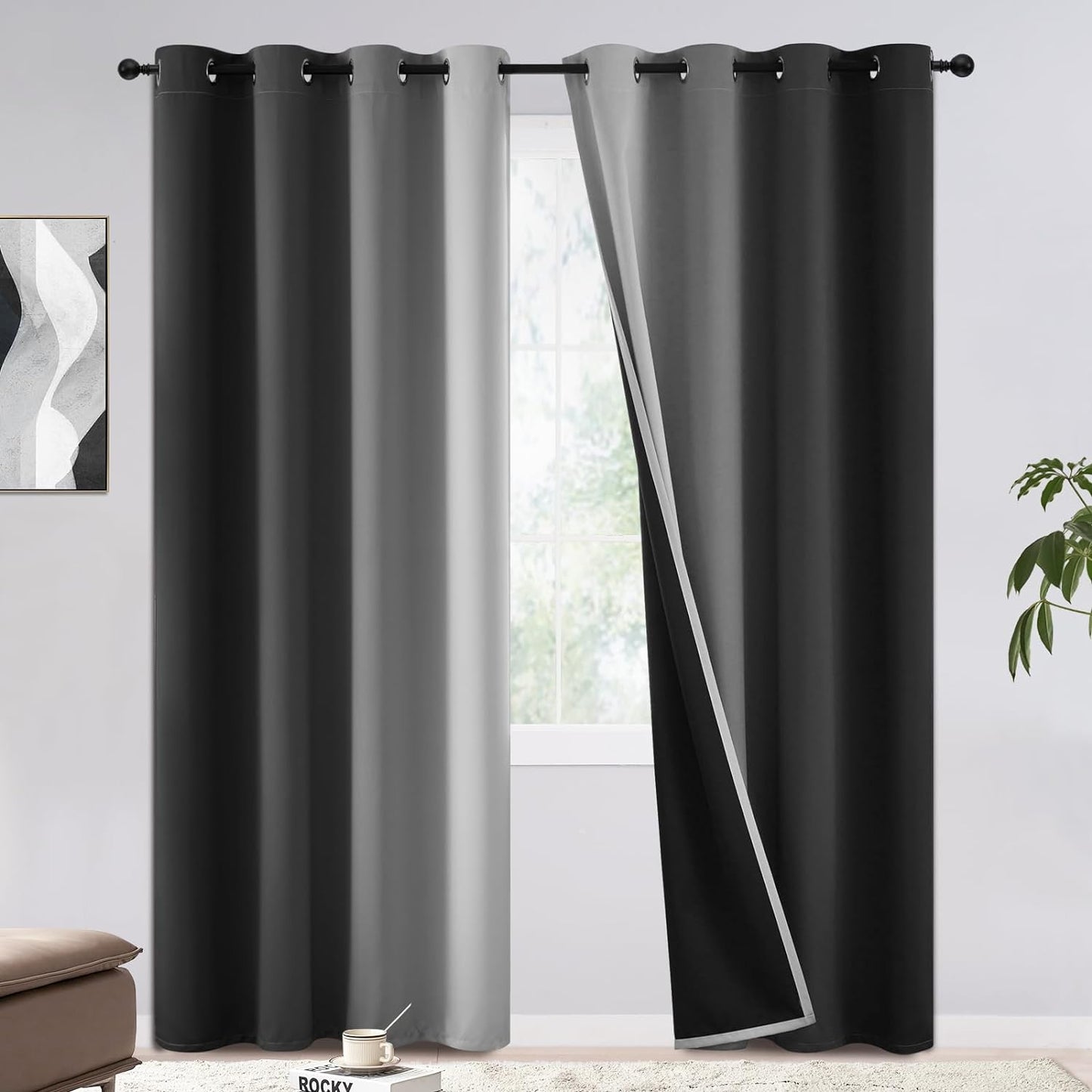 COSVIYA 100% Blackout Curtains & Drapes Ombre Purple Curtains 63 Inch Length 2 Panels,Full Room Darkening Grommet Gradient Insulated Thermal Window Curtains for Bedroom/Living Room,52X63 Inches  COSVIYA Black To Greyish White 52W X 84L 
