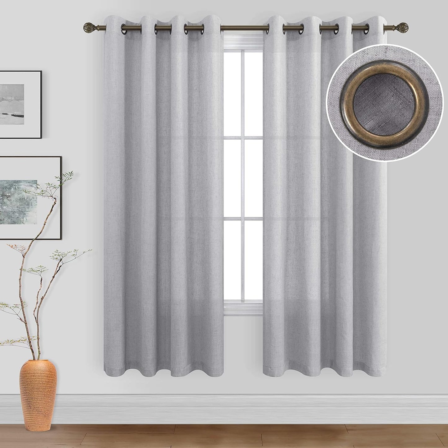 KOUFALL Beige Rustic Country Curtains for Living Room 84 Inches Long Flax Linen Bronze Grommet Tan Sand Color Solid Faux Linen Curtains for Bedroom Sliding Glass Patio Door 2 Panels  KOUFALL TEXTILE Grey 52X63 