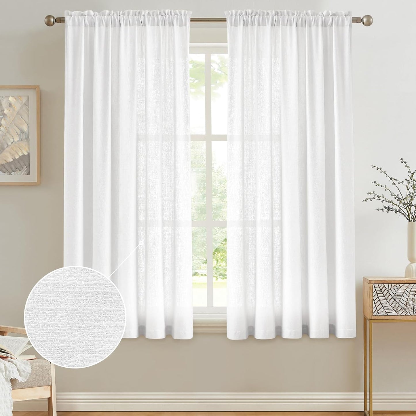 Anpark White Semi Sheer Curtains Linen Rod Pocket Curtains Tiebacks Included Semi Sheers, Privacy & Serenity for Bedroom, Soft Light for Relaxation - 52" W X 84" L, 2 Panels  Anpark White 52X63 Inch 