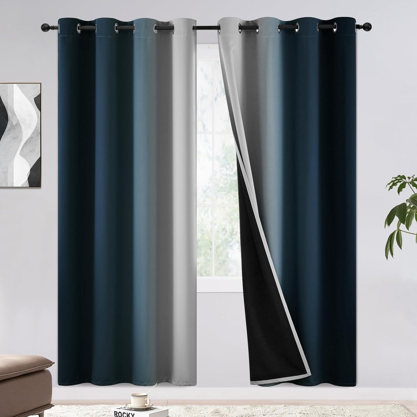 COSVIYA 100% Blackout Curtains & Drapes Ombre Purple Curtains 63 Inch Length 2 Panels,Full Room Darkening Grommet Gradient Insulated Thermal Window Curtains for Bedroom/Living Room,52X63 Inches  COSVIYA Blackout Navy To Grayish White 52W X 72L 