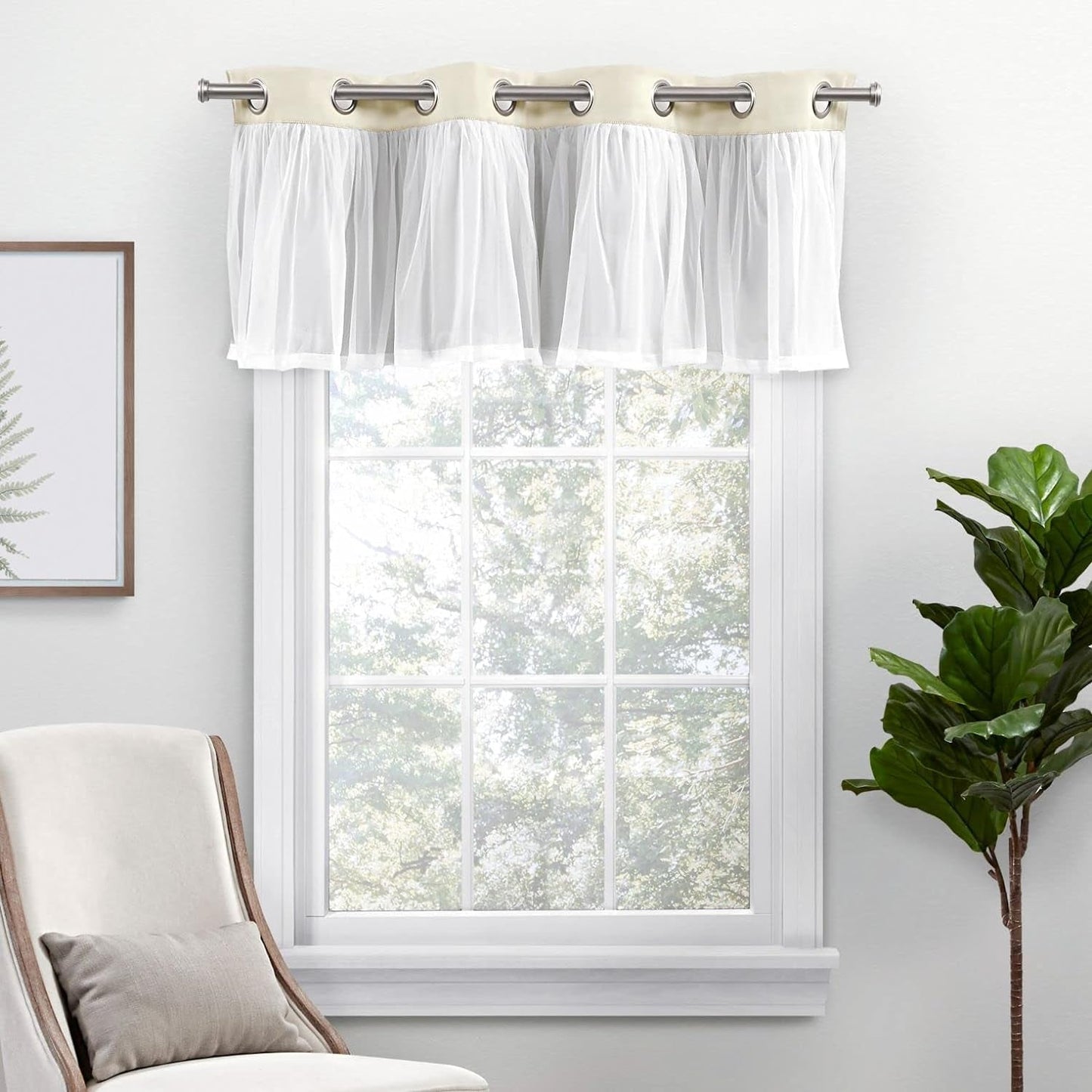 Exclusive Home Catarina Layered Room Darkening Blackout and Sheer Grommet Top Valance, 52"X18", Sand