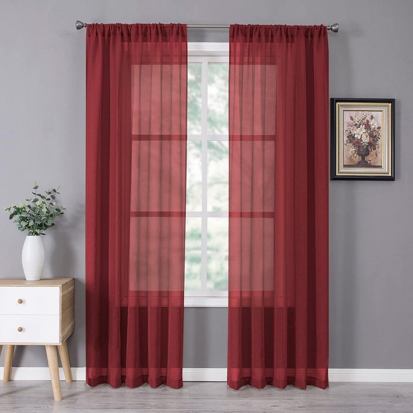 Tollpiz Short Sheer Curtains Linen Textured Bedroom Curtain Sheers Light Filtering Rod Pocket Voile Curtains for Living Room, 54 X 45 Inches Long, White, Set of 2 Panels  Tollpiz Tex Burgundy Red 54"W X 72"L 