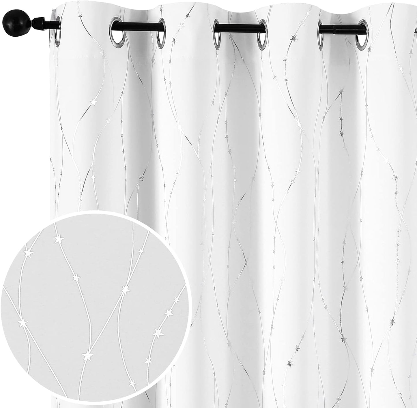 SMILE WEAVER Black Blackout Curtains for Bedroom 72 Inch Long 2 Panels,Room Darkening Curtain with Gold Print Design Noise Reducing Thermal Insulated Window Treatment Drapes for Living Room  SMILE WEAVER White Silver 52Wx96L 