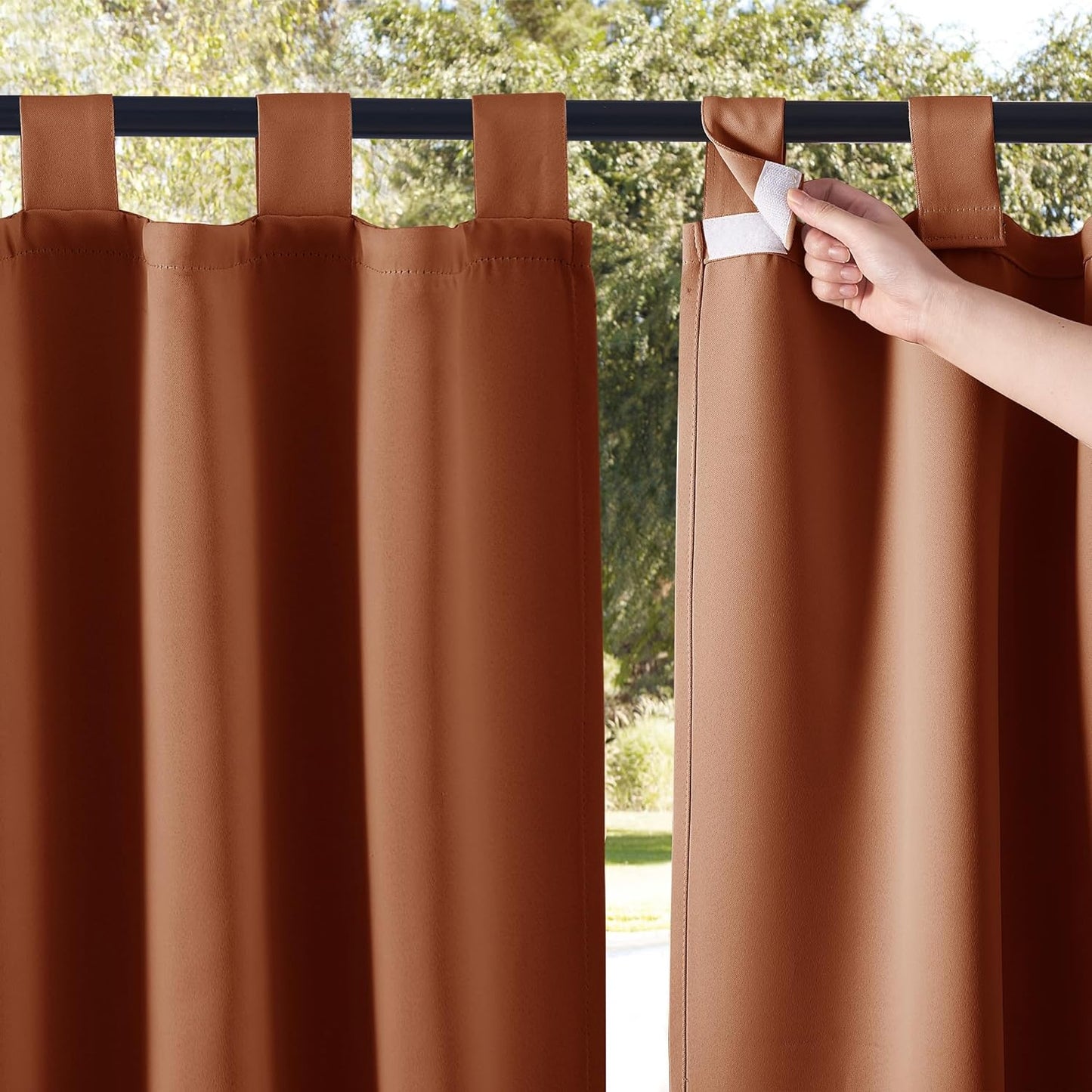 NICETOWN 2 Panels Outdoor Patio Curtainss Waterproof Room Darkening Drapes, Detachable Sticky Tab Top Thermal Insulated Privacy Outdoor Dividers for Porch/Doorway, Biscotti Beige, W52 X L84  NICETOWN Mecca Red W52 X L95 