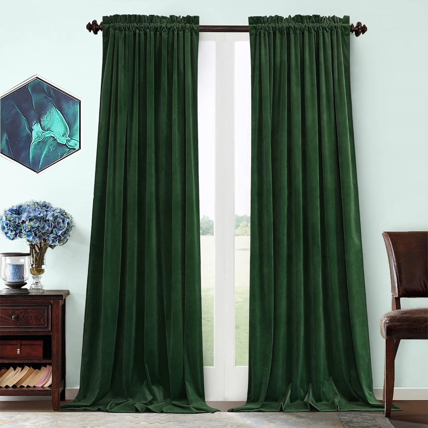 Benedeco Green Velvet Curtains for Bedroom Window, Super Soft Luxury Drapes, Room Darkening Thermal Insulated Rod Pocket Curtain for Living Room, W52 by L84 Inches, 2 Panels  Benedeco Dark Green W52 * L108 | 2 Panels 