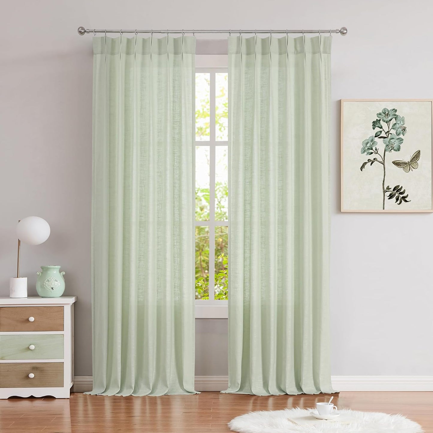 White Pinch Pleated Curtain Semi Sheer Curtain Panel Linen Cotton Blend Decorative Drape 84 Inches Long for Living Room Bedroom Farmhouse Rustic Window Treatment, White, 34"X84"X2  Central Park Light Green 34"X95"X2 