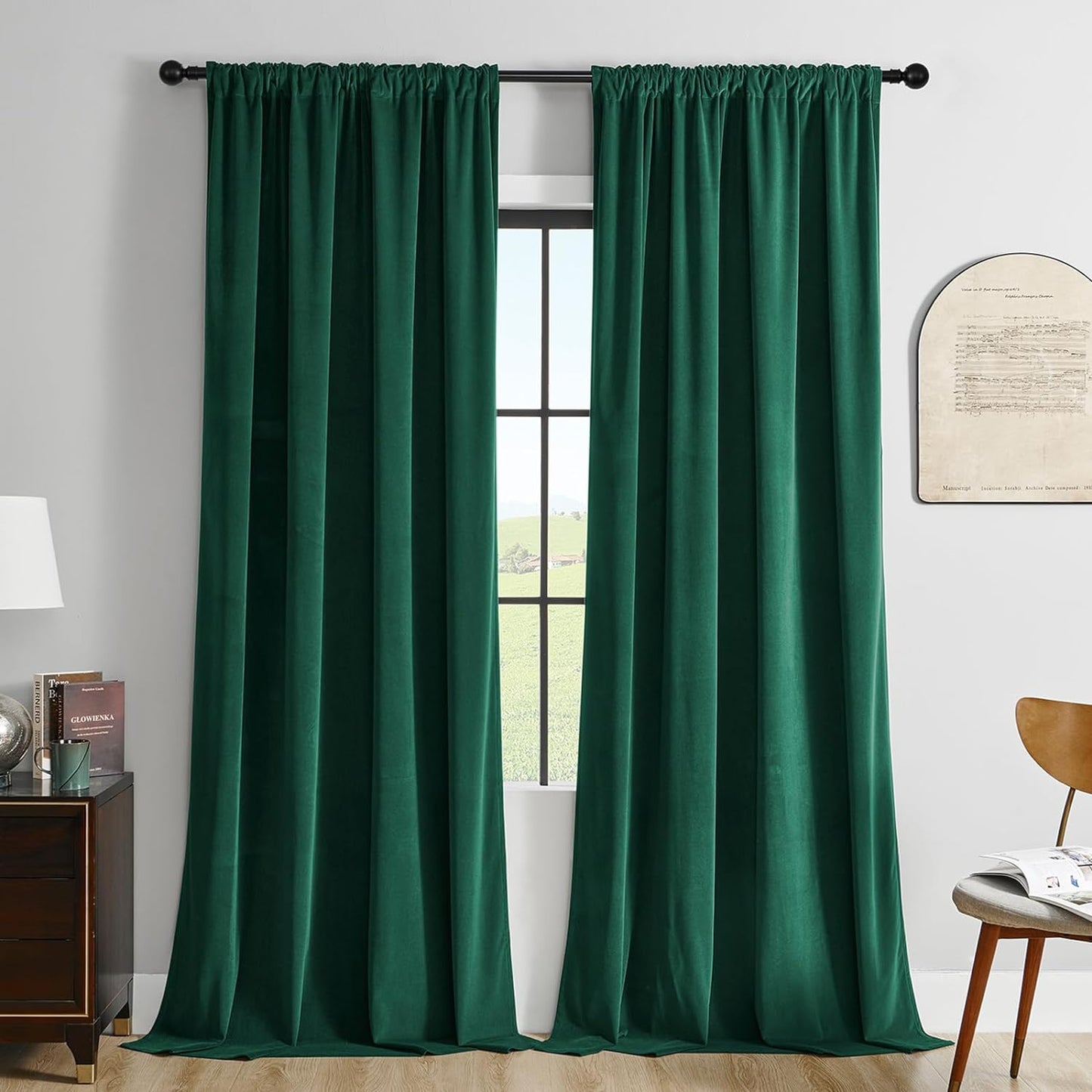 Joydeco Black Velvet Curtains 90 Inch Length 2 Panels, Luxury Blackout Rod Pocket Thermal Insulated Window Curtains, Super Soft Room Darkening Drapes for Living Dining Room Bedroom,W52 X L90 Inches  Joydeco Rod Pocket | Green 52W X 72L Inch X 2 Panels 