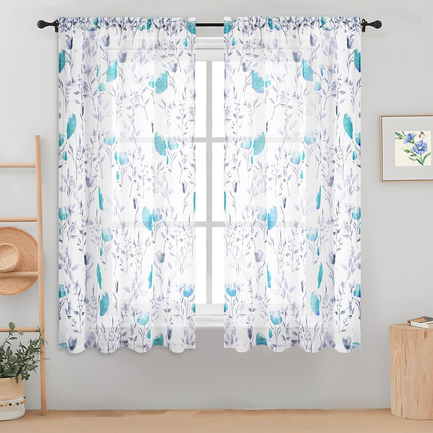 Likiyol Floral Kithchen Curtains 36 Inch Watercolor Flower Leaves Tier Curtains, Yellow and Gray Floral Cafe Curtains, Rod Pocket Small Window Curtain for Cafe Bathroom Bedroom Drapes  Likiyol Teal Sheer 63"L X 52"W 