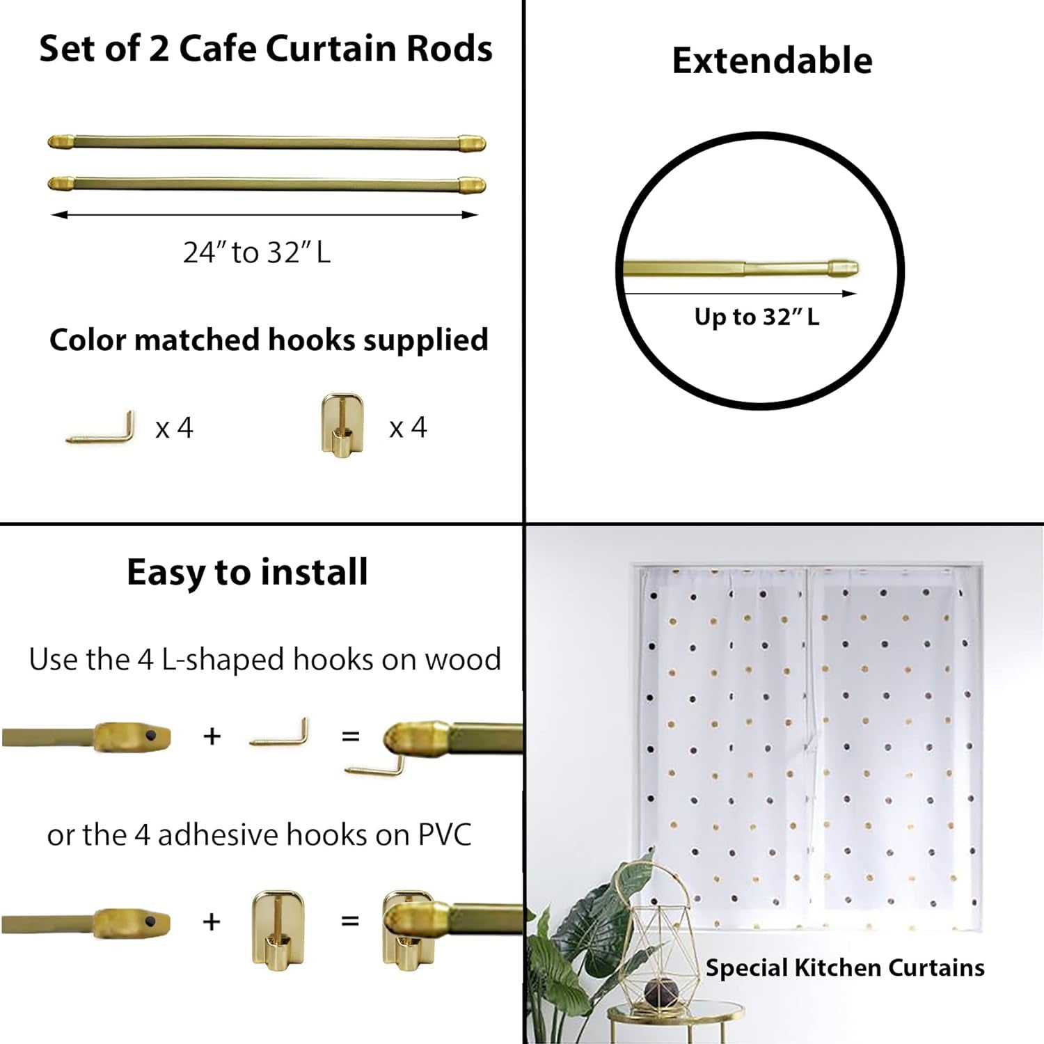 Bundle 2 Cafe Curtain Rods 24" to 32" and 4 Self Adhesive Hooks Gold
