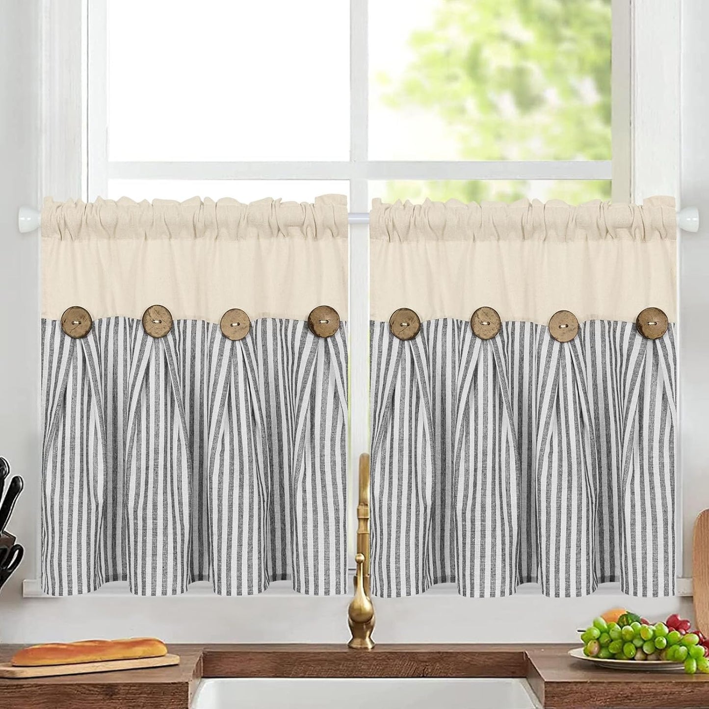 Cotton Linen Farmhouse Curtains Boho Rustic Button Curtains Natural and Dark Grey Stripe Color Block Curtain Rod Pocket & Back Tab Window Drapes for Bedroom Living Room(52 X 84 Inch, 2 Panels)  BLEUM CADE Dark Grey Stripe W26 X L24 