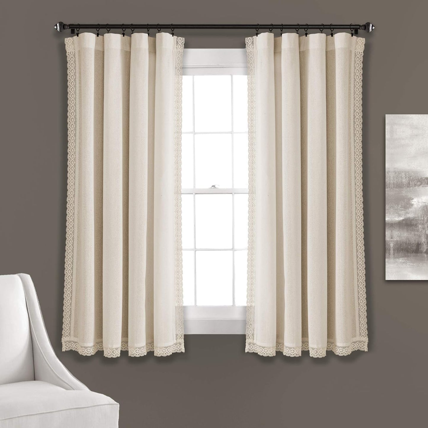 Lush Decor Rosalie Light Filtering Window Curtain Panel Set- Pair- Vintage Farmhouse & French Country Style Curtains - Timeless Dreamy Drape - Romantic Lace Trim - 54" W X 84" L, White  Triangle Home Fashions Ivory Window Panel 54"W X 45"L