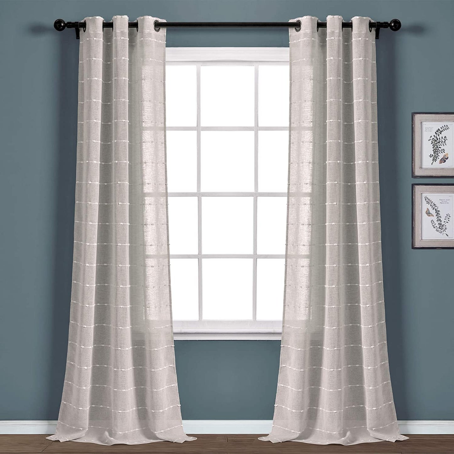 Lush Decor Farmhouse Textured Grommet Sheer Window Curtain Panel Pair, 38"W X 95"L, Gray  Triangle Home Fashions Grey Grommet Pair 38"W X 84"L