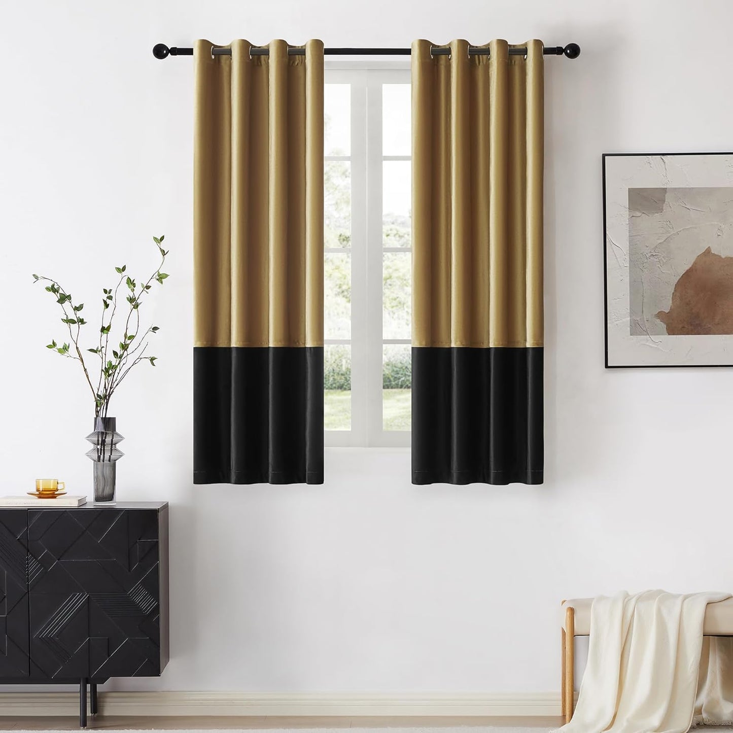 BULBUL Color Block Window Curtains Panels 84 Inches Long Cream Ivory Gold Velvet Farmhouse Drapes for Bedroom Living Room Darkening Treatment with Grommet Set of 2  BULBUL Gold  Black 52"W X 63"L 