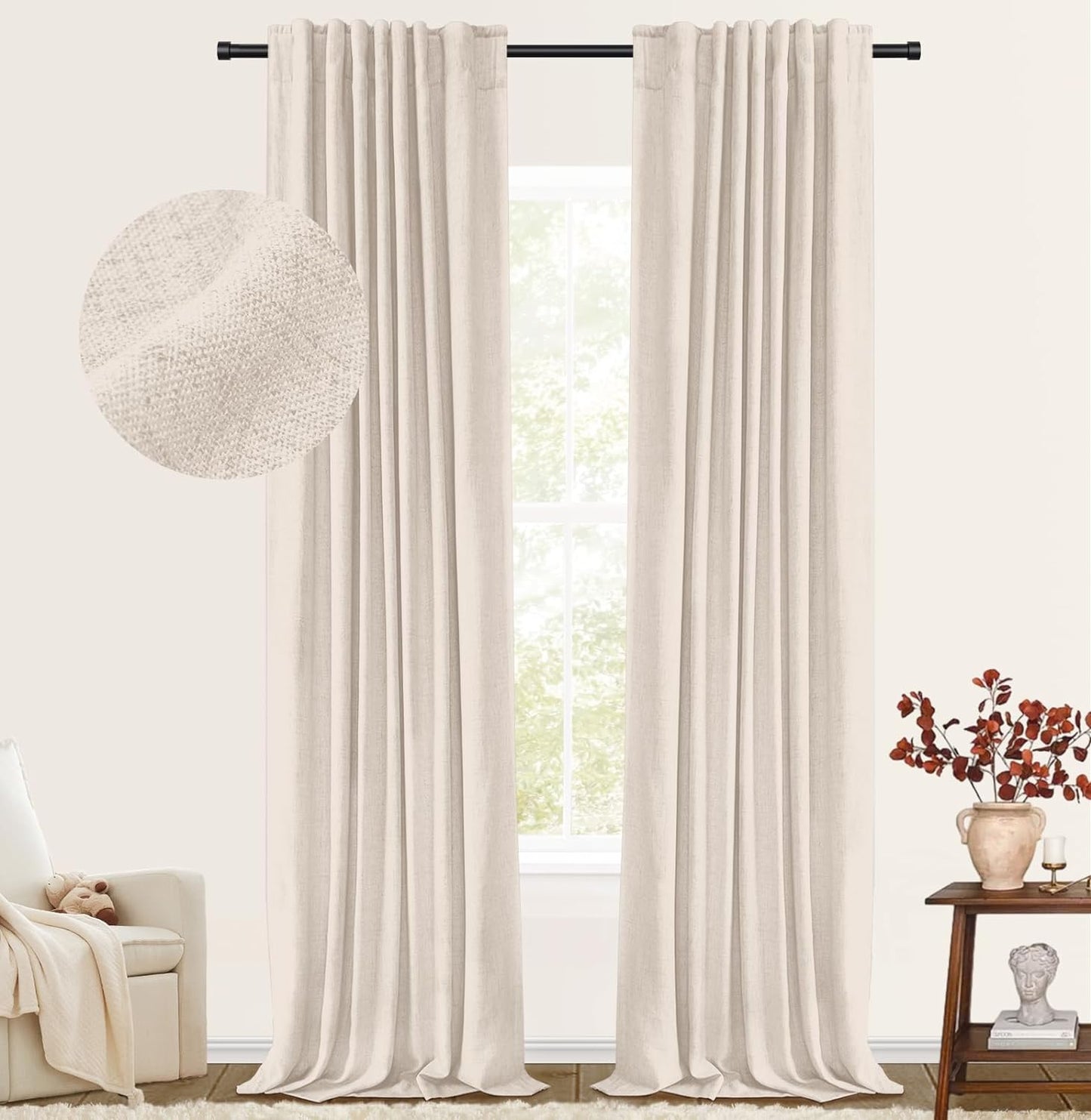 100% Blackout Shield Blackout Curtains for Bedroom Faux Linen Black Out Curtains 84 Inch Length 2 Panels Set, Back Tab/Rod Pocket Thermal Insulated Curtains with Black Liner, 50W X 84L, Dark Grey  100% Blackout Shield 06 Birch 50''W X 108''L 
