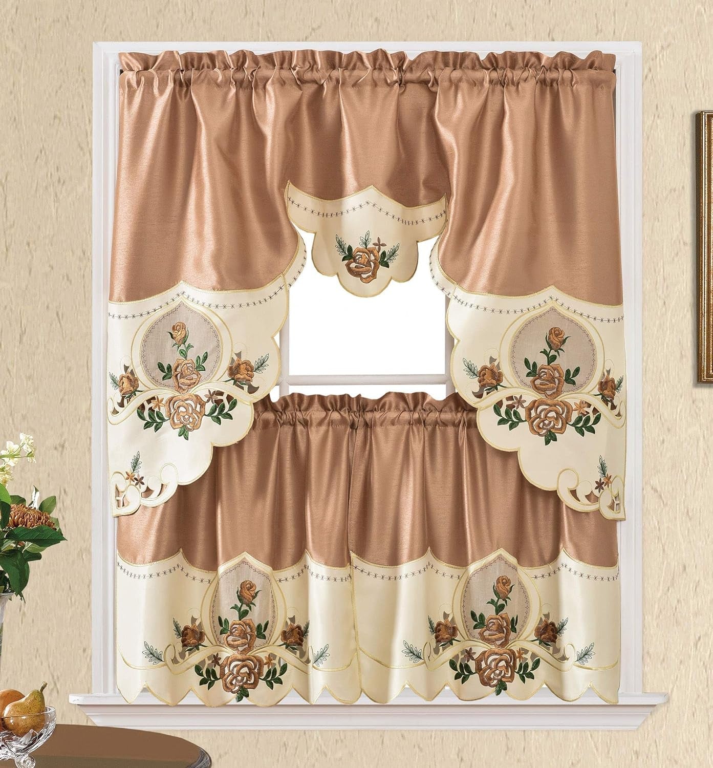 GOHD GOLDEN OCEAN HOME DECOR Rose Melody. 3Pcs Kitchen Cafe Curtain Set. Swag and 24 Inches Tiers Set for Small Windows. Nice Matching Color Rose Embroidery on Border and Inserted Organza. (Yellow)