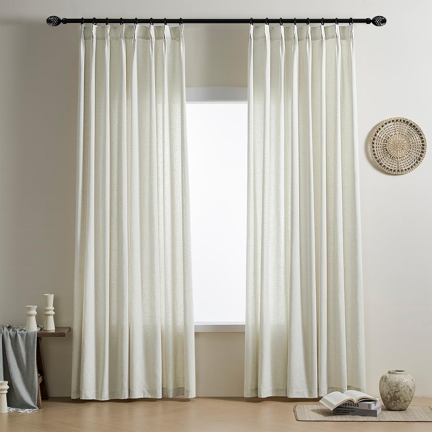 Rutterllow Pinch Pleated Flax Linen Curtains 80 Inch Length 2 Panels Set for Living Room Back Tab Semi Sheer Light Filtering Privacy Farmhouse Rustic Curtains for Bedroom  Rutterllow Oatmeal 50"W X 90"L X2 