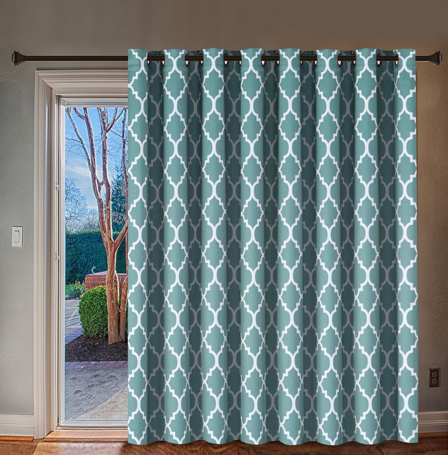H.VERSAILTEX Extra Wide Blackout Curtain 100X84 Inches Thermal Insulated Curtain for Sliding Glass Door -Grommet Top Patio Door Curtain - Moroccan Tile Quatrefoil Pattern, Dove and White  H.VERSAILTEX Teal  White 100"W X 84"L 