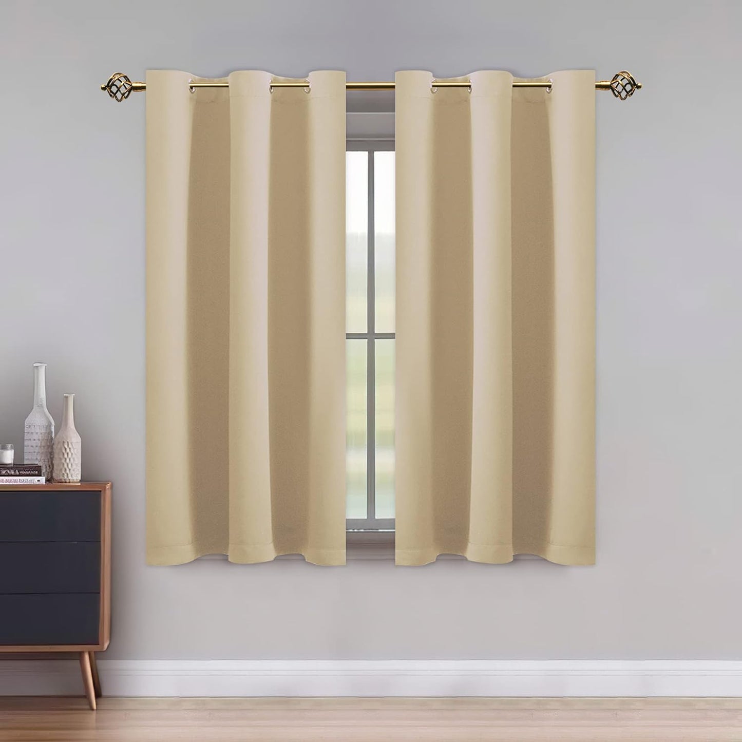 LUSHLEAF Blackout Curtains for Bedroom, Solid Thermal Insulated with Grommet Noise Reduction Window Drapes, Room Darkening Curtains for Living Room, 2 Panels, 52 X 63 Inch Grey  SHEEROOM Beige 42 X 45 Inch 