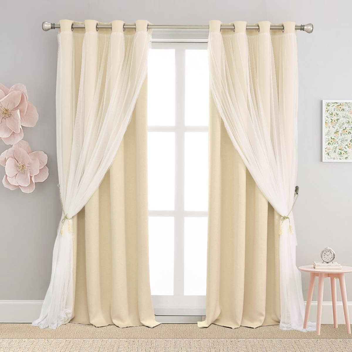 Pink Blackout Curtains 84 Inch Length - Double Layers Princess Girls Curtains & Draperies Panels for Kids Bedroom Living Room Nursery Pink Lace Hem Room Darkening Curtains, 2 Pcs  SOFJAGETQ Biscotti Beige 52 X 54 