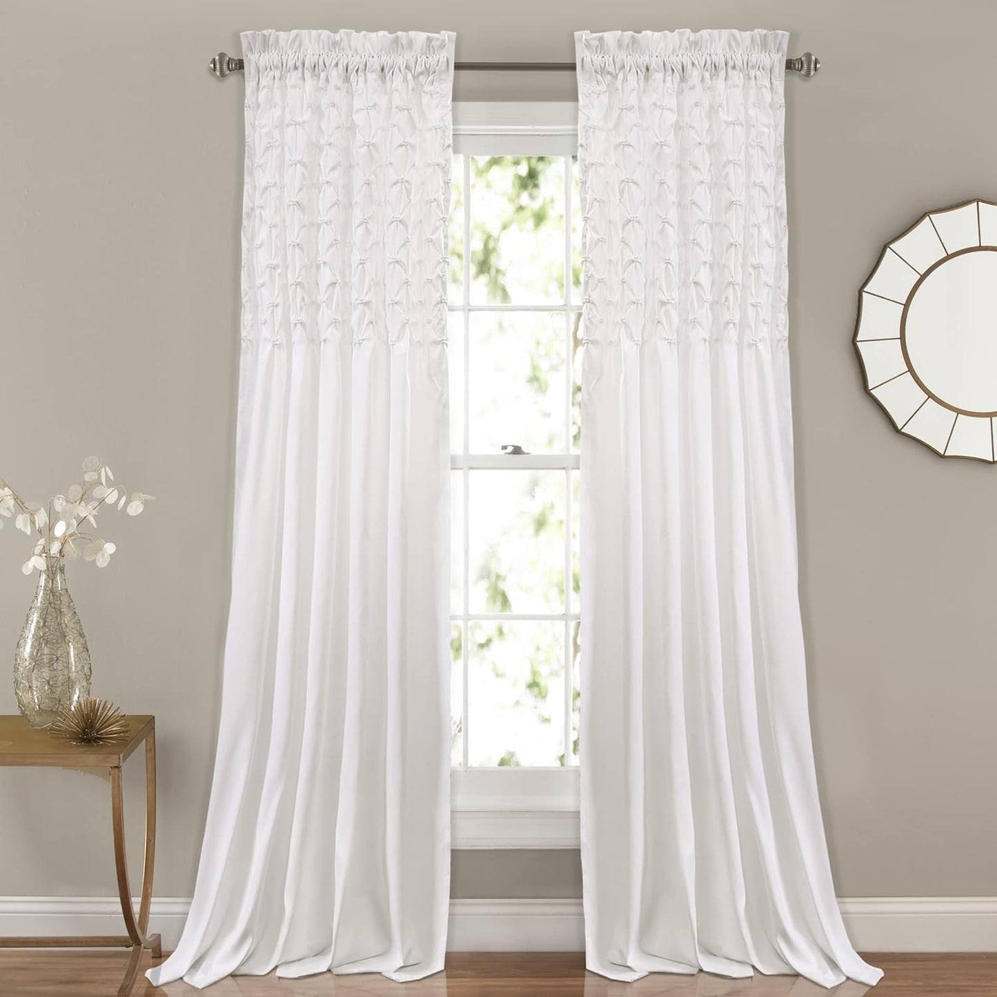 Lush Decor Bayview Curtains-Pintuck Textured Semi Sheer Window Panel Drapes Set for Living, Dining, Bedroom (Pair), 54" W X 84" L, White  Triangle Home Fashions White 54"W X 108"L 