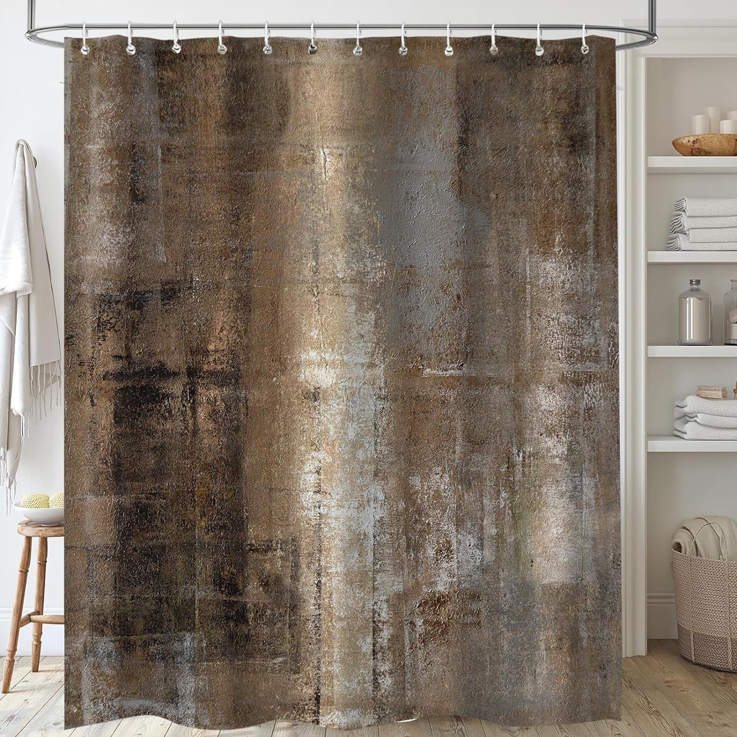 Tan Brown Rustic Shower Curtain, Abstract Wood Copper Vintage Art Acrylic Painting Bath Curtain, Polyester Fabric Waterproof Bathroom Decor with 12 Hooks, 72X72 In