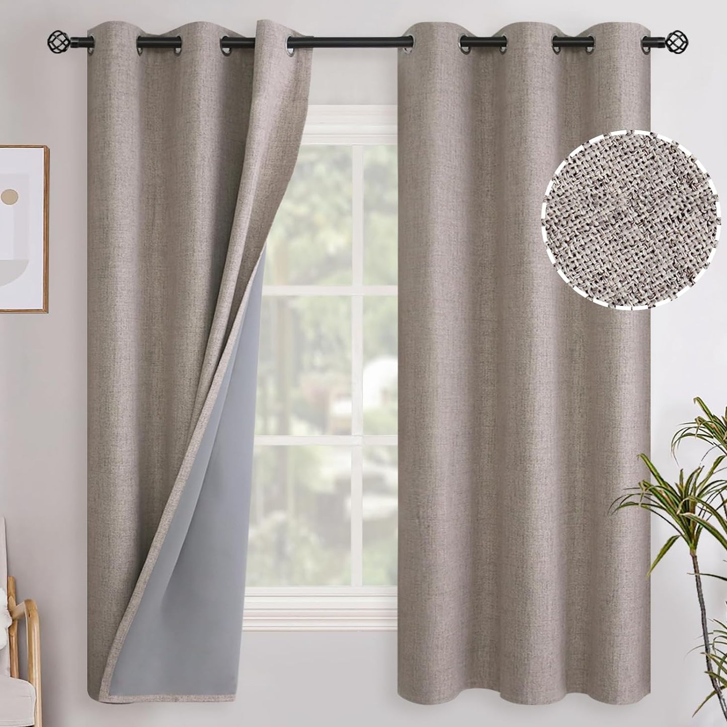Youngstex Linen Blackout Curtains 63 Inch Length, Grommet Darkening Bedroom Curtains Burlap Linen Window Drapes Thermal Insulated for Basement Summer Heat, 2 Panels, 52 X 63 Inch, Beige  YoungsTex Burlap 42W X 63L 