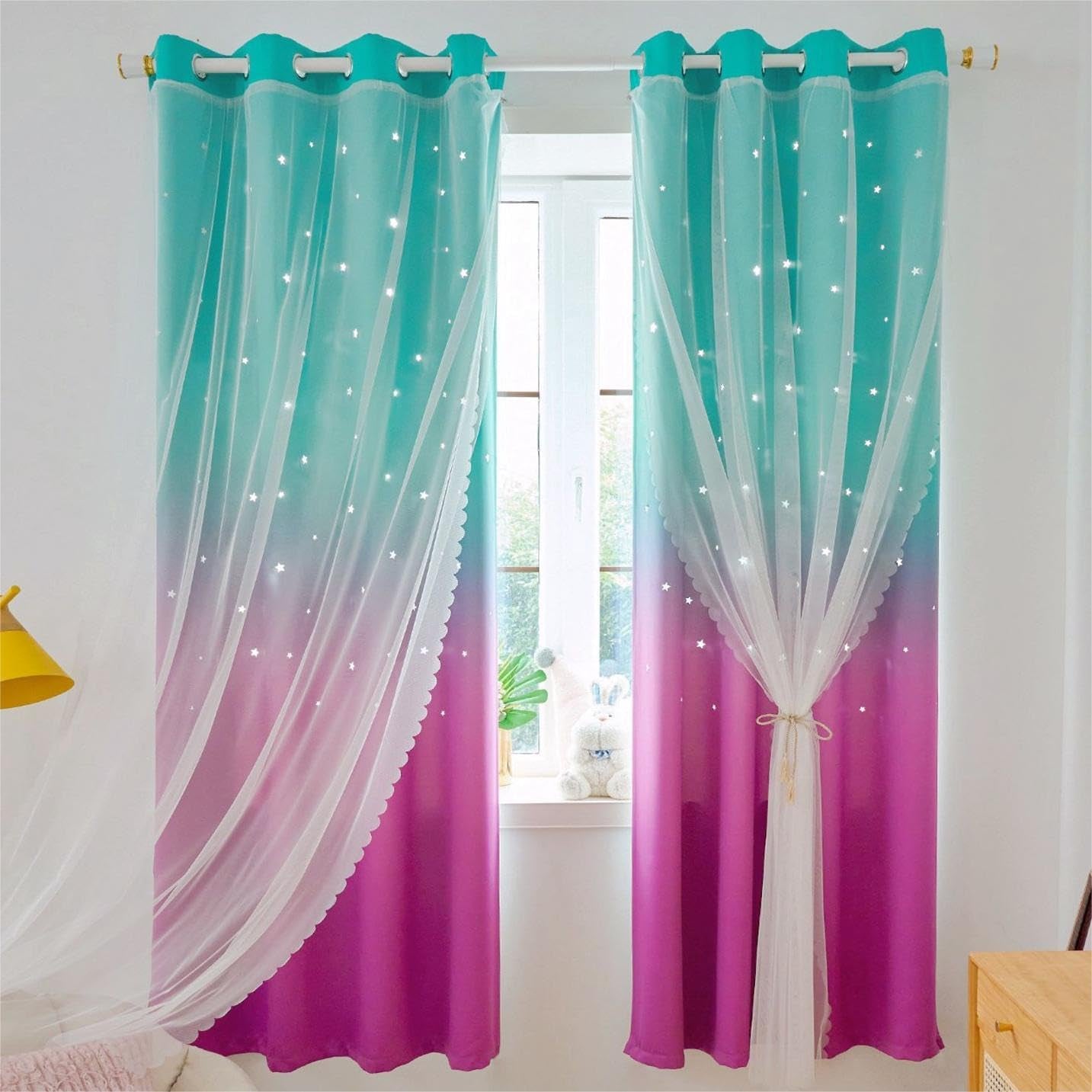 Anjee Rainbow Curtains for Girls Bedroom Double Layer Blackout Curtains Grommets Top Star Cutout Ombre Window Drapes with Sheer for Living Room 2 Panels in 52 X 84 Inch Length, Pink and Yellow  Anjee Teal Purple W52" X L95" 