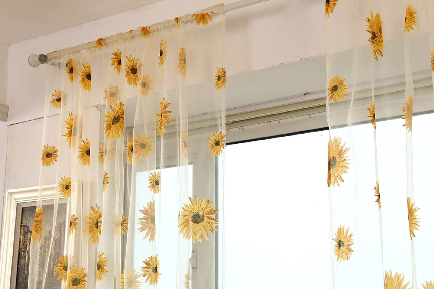 2PCS Sunflower Curtains Kitchen Decor Yellow Sheer Curtains for Small Window Voile Room Scarf Door Bed Drape Panels for Bedroom Living Room Floral Drape Panel (Yellow)  Wirhlly   