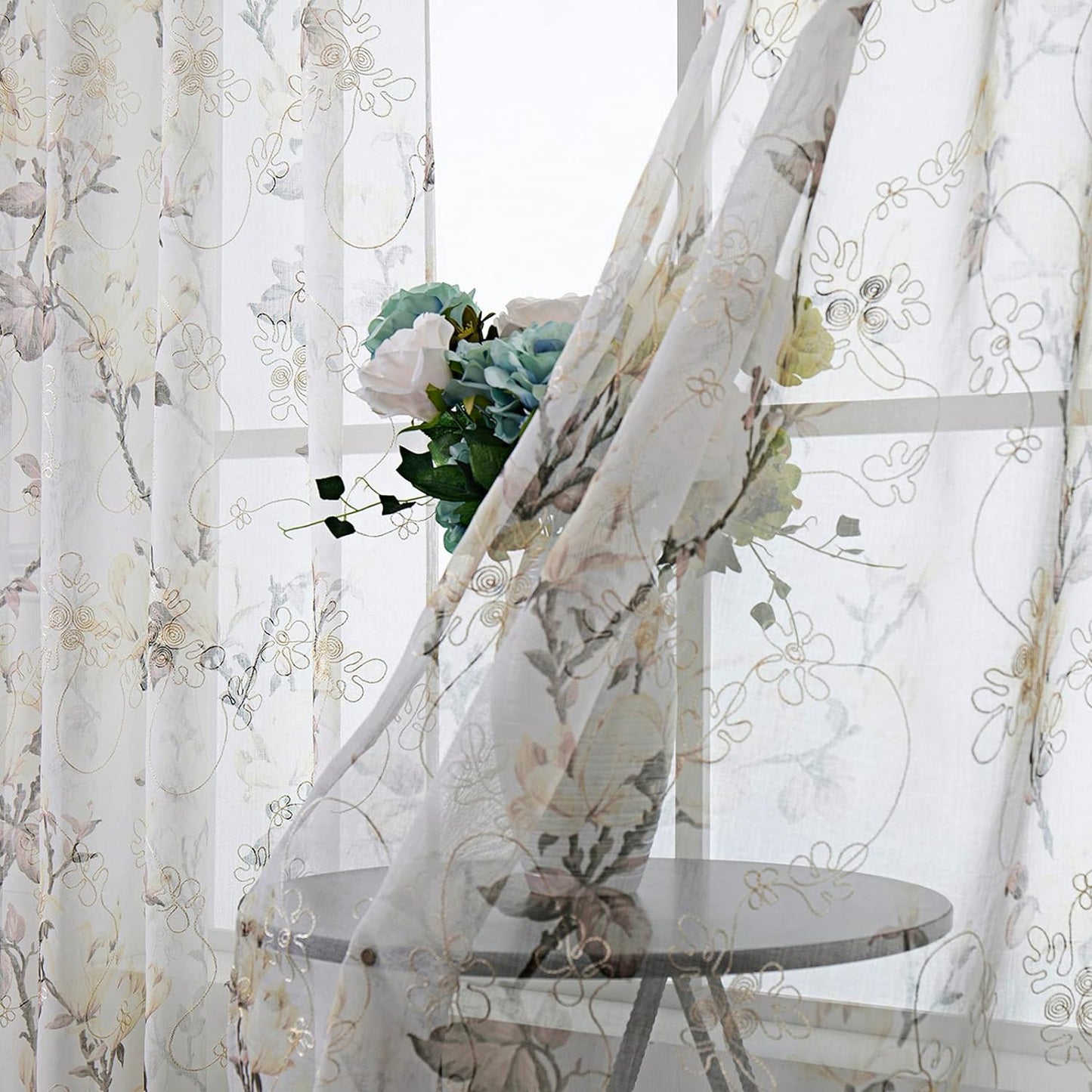 Tollpiz Floral White Sheer Curtain Flower Print Vine Embroidery Bedroom Curtains Rod Pocket Voile Window Curtain for Living Room, 54 X 84 Inches Long, Set of 2 Panels  Tollpiz Tex   