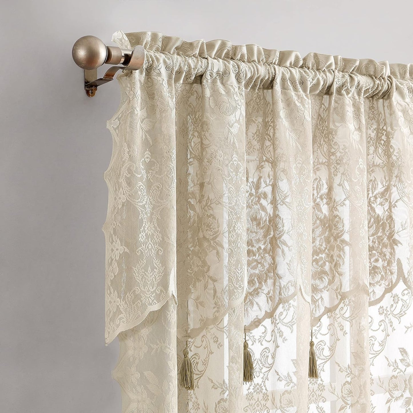 English Rose Design - Lace Semi Sheer Voile Curtain Panels - Voile Valance Rod Pocket with 4 Tassels - for Living Room Bedroom, Bathroom (1 Valance 54" W X 22" L Each, Linen)