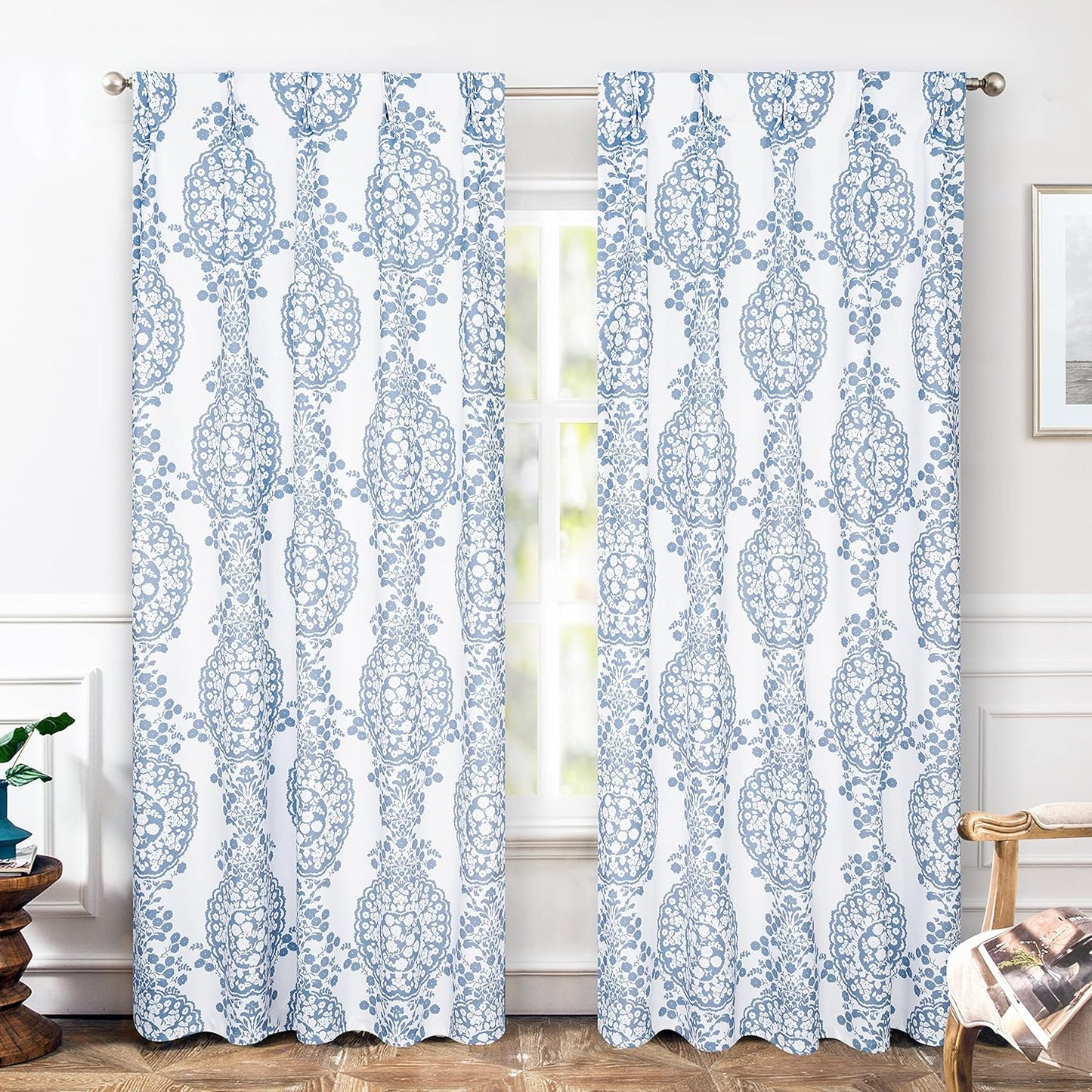 Driftaway Damask Curtains for Kitchen Bathroom Laundry Room Small Windows Floral Damask Medallion Patterned Adjustable Tie up Curtain Single 45 Inch by 63 Inch Dusty Blue  DriftAway Blue (12)30"X84"(Curtains) 