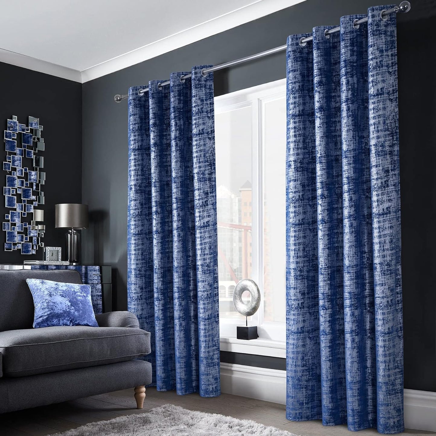 Always4U Soft Velvet Curtains 95 Inch Length Luxury Bedroom Curtains Gold Foil Print Window Curtains for Living Room 1 Panel White  always4u Navy Blue (Silver Print) 2 Panels: 52''W*108''L 