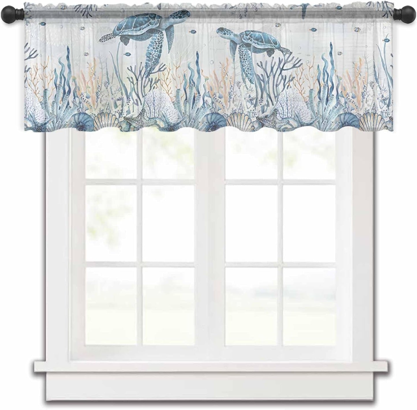 Nautical Coastal Turtle Valance Curtains for Kitchen/Living Room/Bathroom/Bedroom Window,Rod Pocket Small Topper Half Short Window Curtains Voile Sheer Scarf, Coral Starfish Seashell Seahorse 42"X12"
