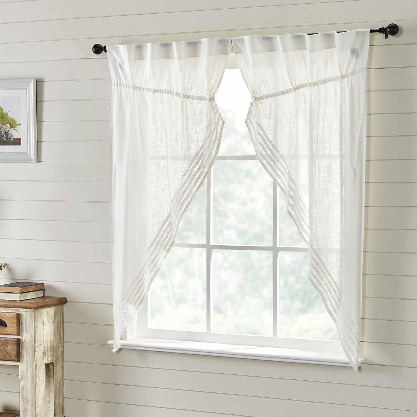 Kathryn Tier Curtains, Set of 2, 24" Long, Ruffled Curtains in a Linen-Look Soft White Cotton Semi-Sheer Fabric, Farmhouse, Cottage, Country Style Sheer Kitchen Café Curtains  Piper Classics Prairie Curtain 63"  