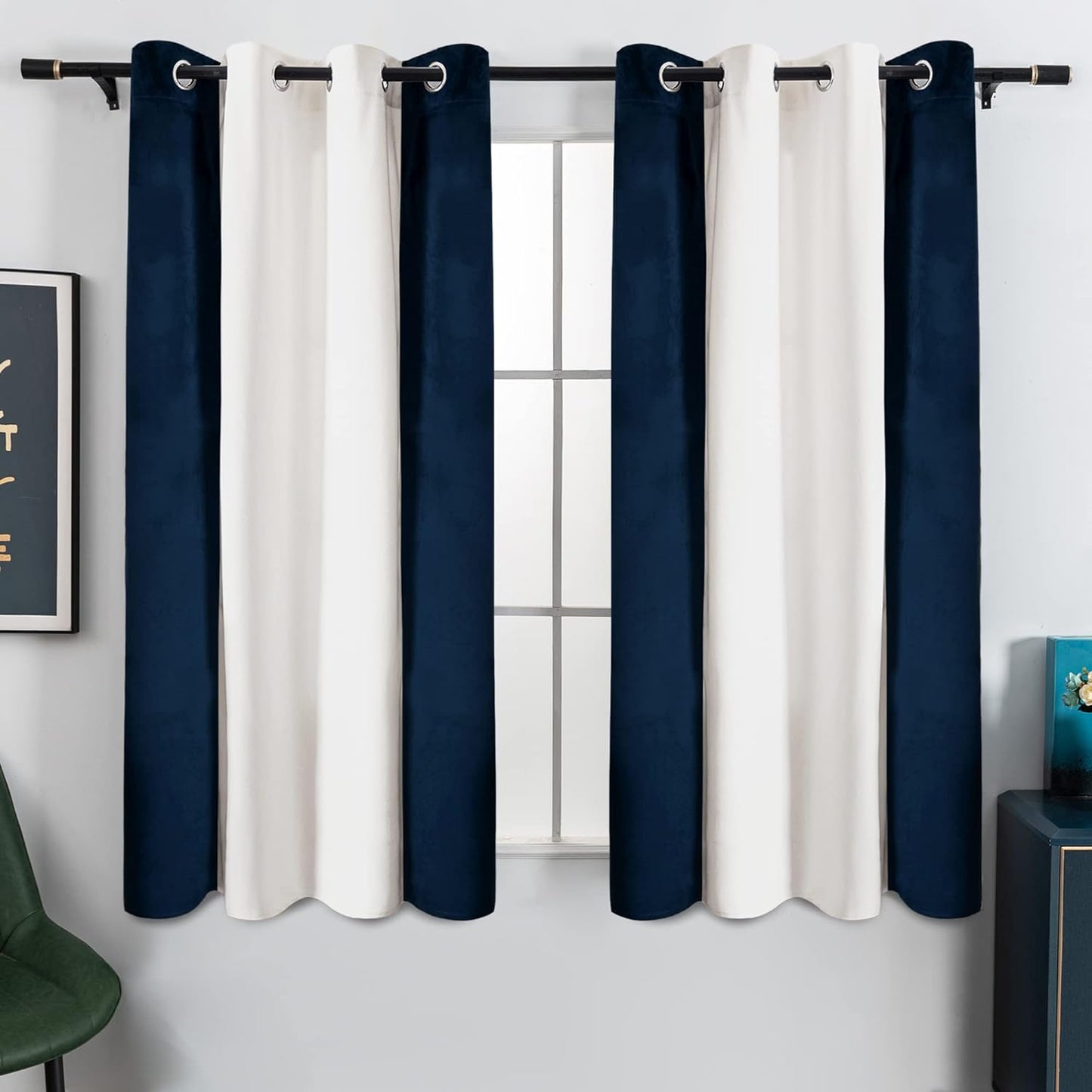 Victree Color Block Velvet Curtains for Bedroom, Patchwork Blackout Curtains 52 X 84 Inch Length - Room Darkening Sun Light Blocking Grommet Window Drapes for Living Room, 2 Panels, Black and White  Victree Navy/White 52 X 63 Inches 