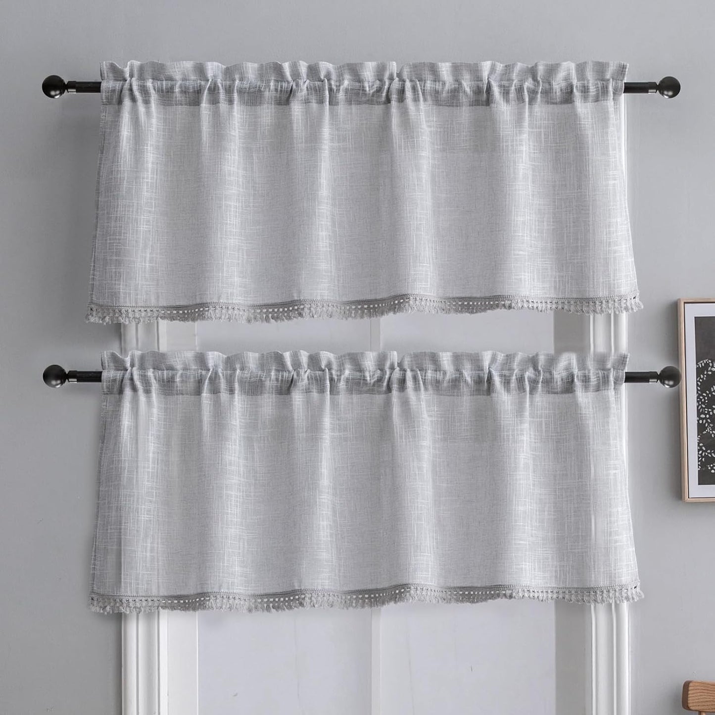 Beda Home Tassel Linen Textured Swag Curtain Valance for Farmhouses’ Kitchen; Light Filtering Rustic Short Swag Topper for Small Windows Bedroom Privacy Added Rod Pocket Design(Nature 36X63-2Pcs)  BD BEDA HOME Light Grey 52Wx18L - 2 Pcs 