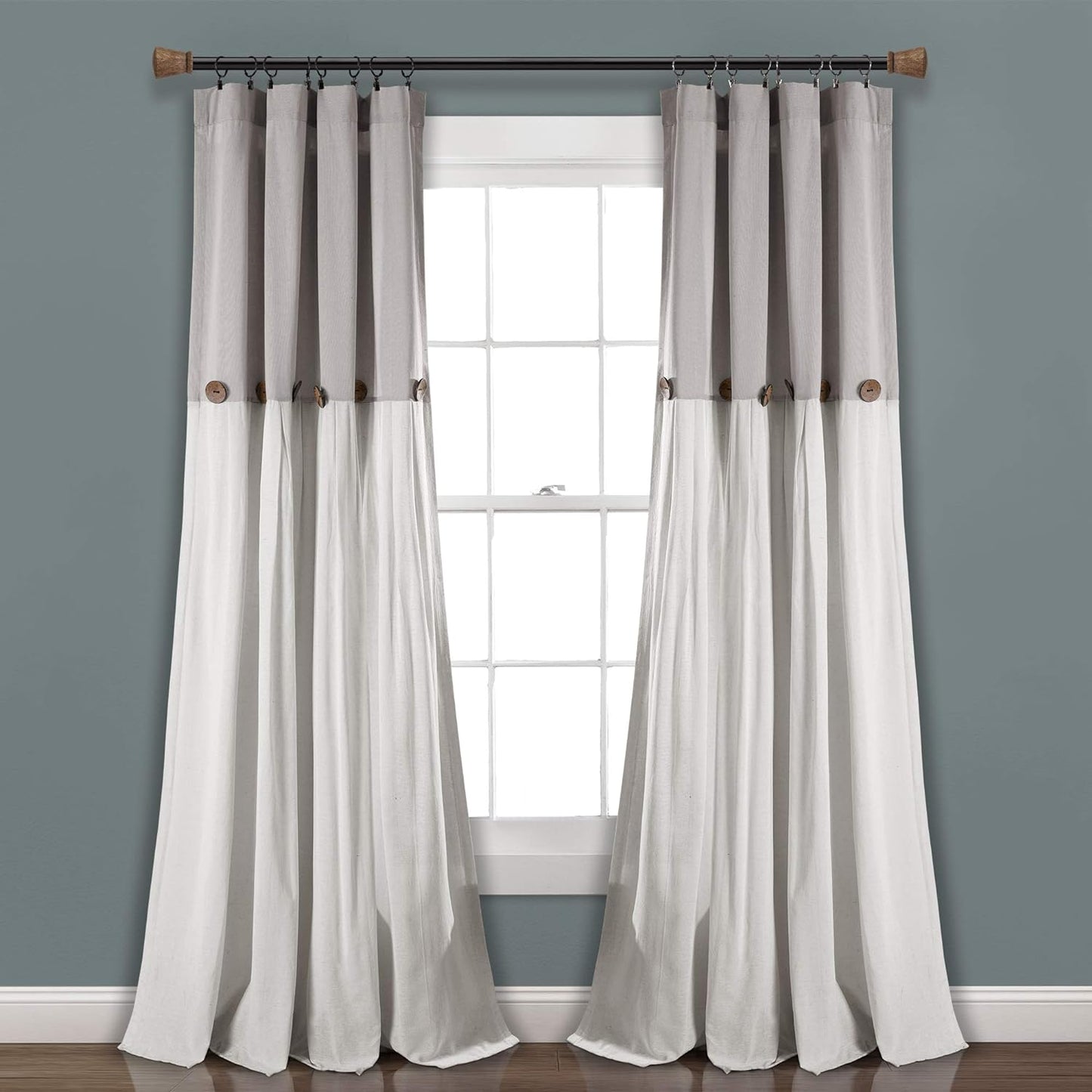 Lush Decor Linen Button Window Curtain Panel, Single, 40" W X 84" L, Linen - Country Curtains - Rustic Decor - Color Block Modern Farmhouse Curtains for Living Room, Bedroom & Dining Room  Triangle Home Fashions   