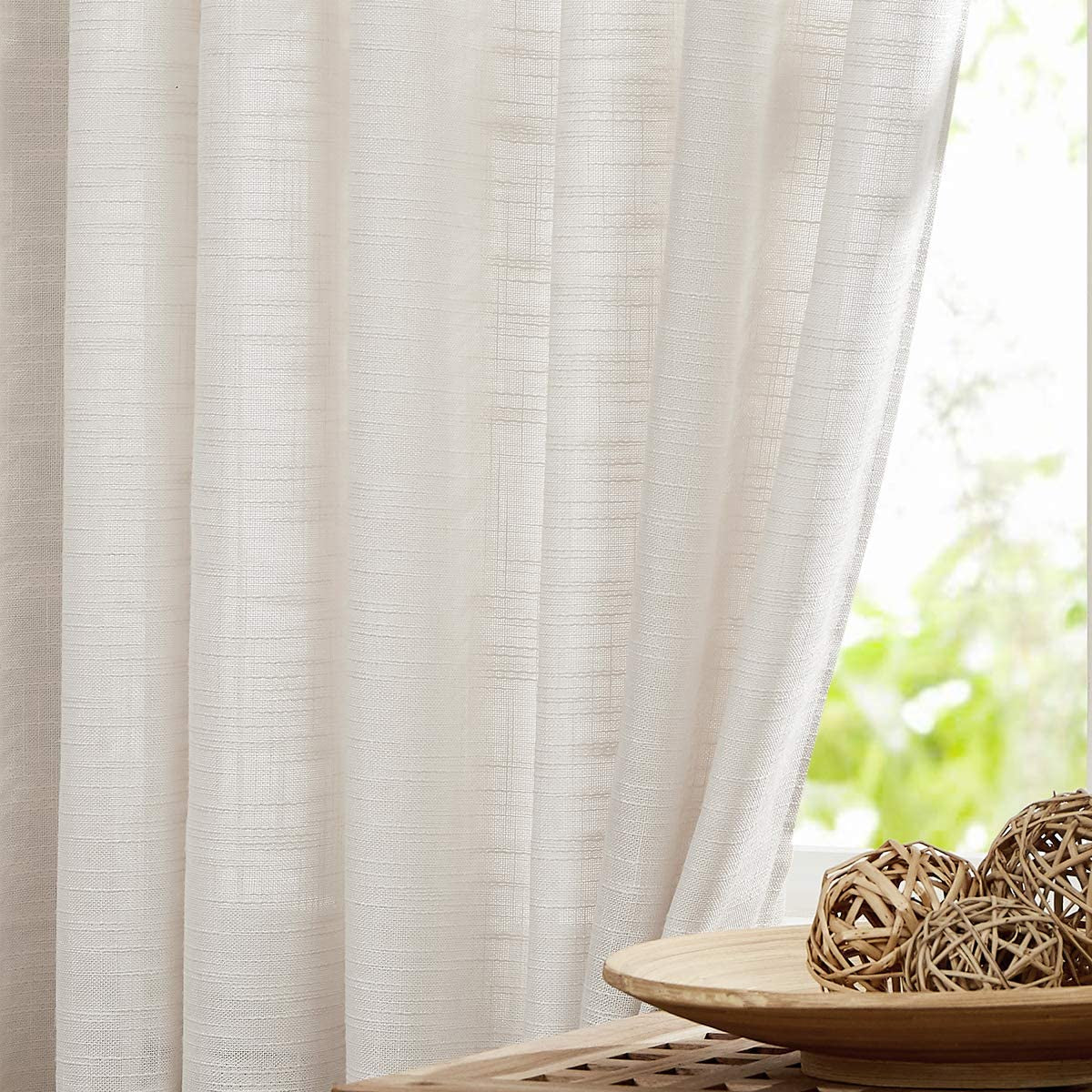 FMFUNCTEX Grey Semi-Sheer Curtains for Living Room Rich Linen Textured Rod Pocket Window Curtain Draperies for Guest Room Not See through 52”W X63”L Set of 2  Fmfunctex Natural (Linen Look) 52" X 63" 2Pcs 