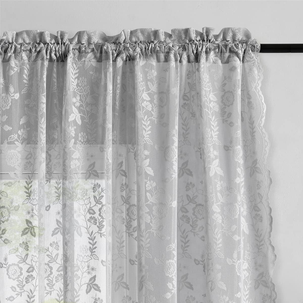 FINECITY Lace Curtains Country Rustic Floral Sheer Curtains for Living Room 72 Inch Length Drapes Vintage Floral Pattern Farmhouse Privacy Light Filtering Sheer Curtain 2 Panels, 52 X 72 Inch, Grey  Keyu Textile   