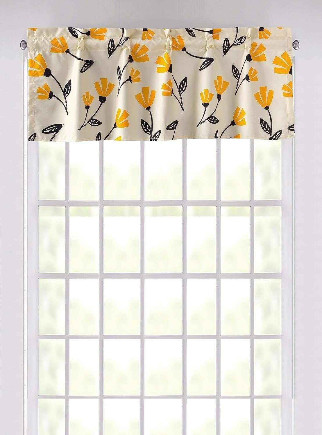 Dada Bedding Botanical Yellow Fleur Floral Window Curtain - Semi Sheer Valance Spring Country Farmhouse Pale Ivory Background - Golden Orange Straight Tailored Edge Kitchen Decor - 18" X 52"