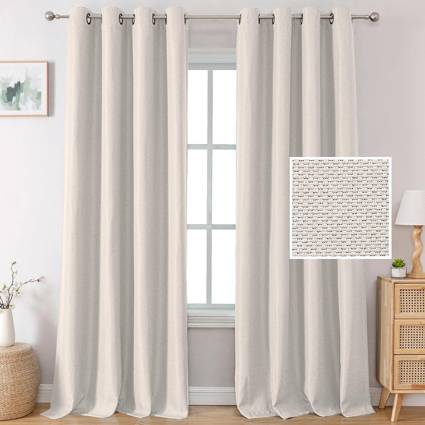 H.VERSAILTEX Linen Blackout Curtains 84 Inches Long Thermal Insulated Room Darkening Linen Curtains for Bedroom Textured Burlap Grommet Window Curtains for Living Room, Bluestone and Taupe, 2 Panels  H.VERSAILTEX Ivory 52"W X 96"L 