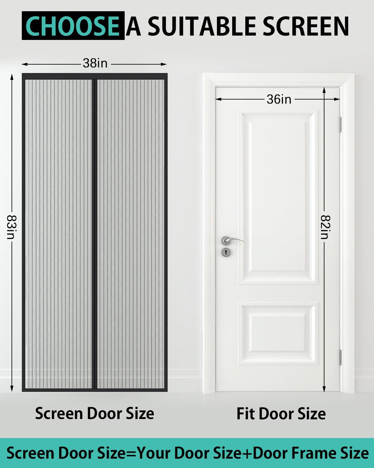 Magnetic Screen Door Fit Door Size to 36" X 82"(Screen Itself Size: 38" X 83"), Heavy Duty Self Closing Screen Door with Hook Tapes for Interior Door, Pet and Kid Friendly