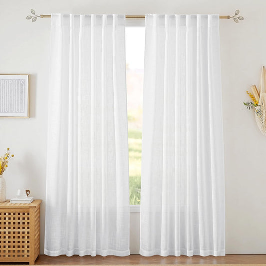 RYB HOME White Sheer Curtains Linen Texture Window Panels, Semi Sheer Light Filetring Rod Pocket & Back Tab Drapes for Bedroom, 52 X 84 Inches, Pack of 2  RYB HOME   