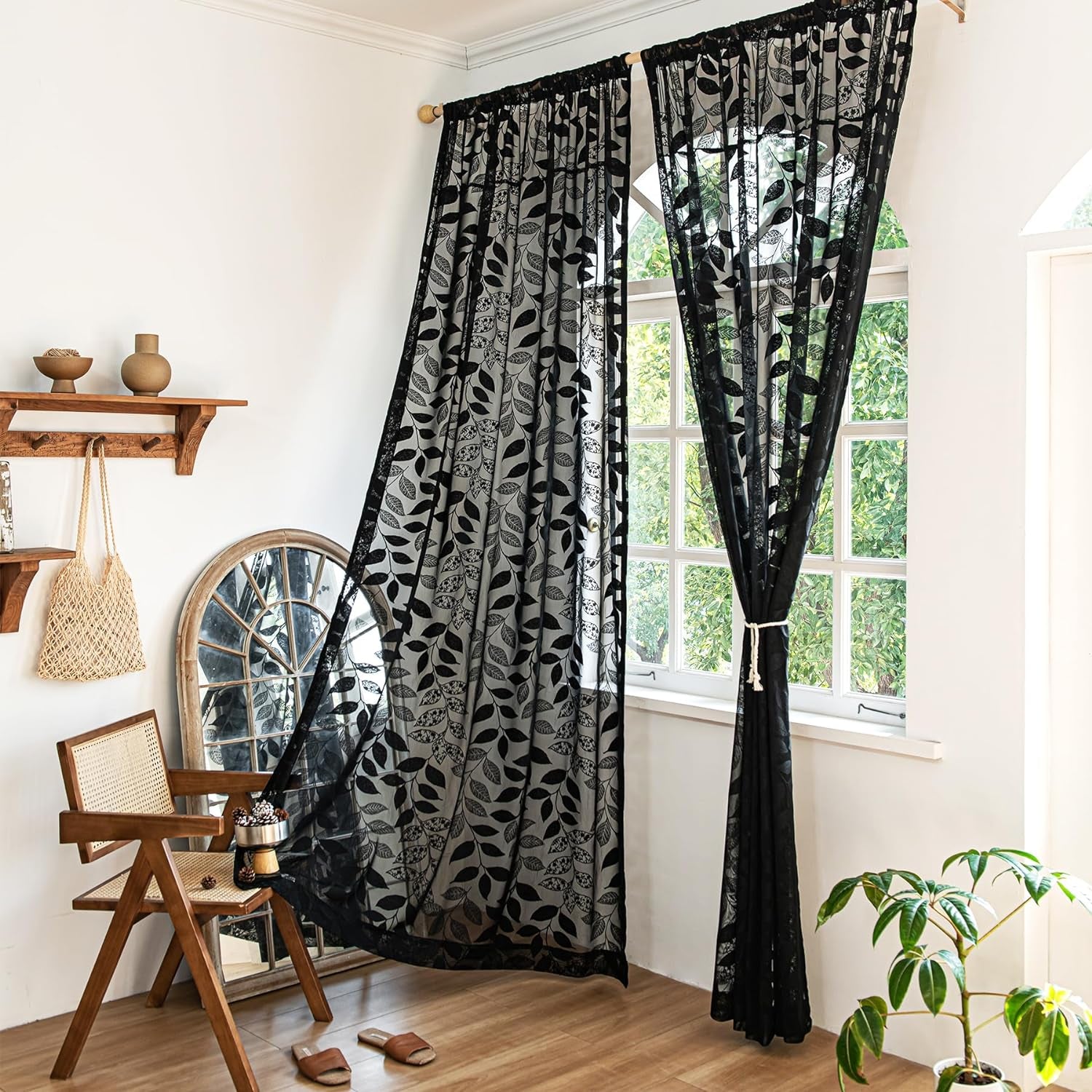 Treatmentex Black Sheer Lace Curtains for Bedroom Living Room Studio 84Inch Long Vintage Rose Floral Embroidered Semi Sheer Curtain Panels Privacy Leaf Sheer Drapes with Scalloped Edge 54" W 2Pcs 7Ft  Treatmentex Leaf - Black 52"W X 63"L 2Pcs 