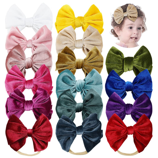 Cinaci 16 Pack Super Stretchy Thin Slim Nylon Headbands with Big Velvet Solid Knot Bow Hair Bands Accessories for Baby Girls Newborns Infants Toddlers Kids