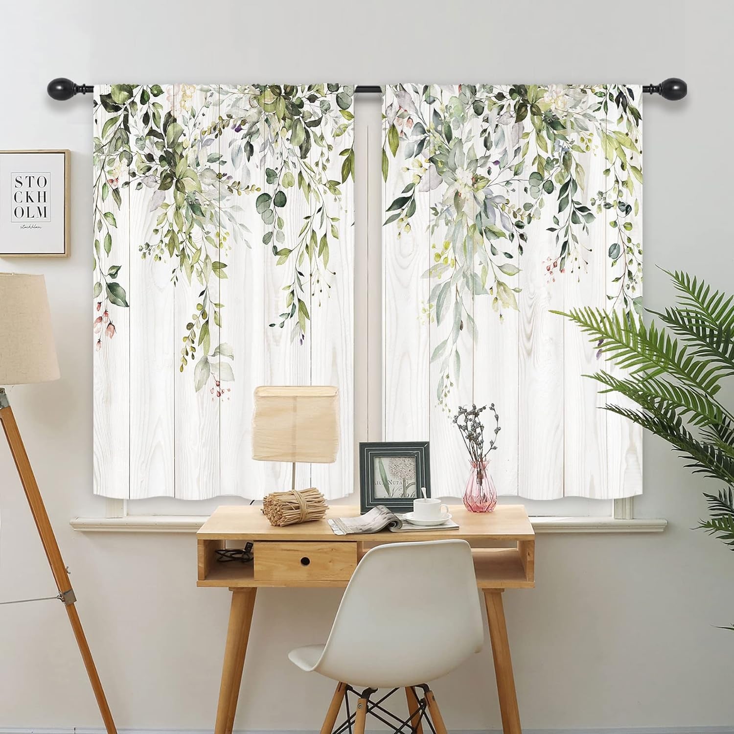 Riyidecor Sage Green Eucalyptus Leaves Kitchen Window Curtains over Sink Flower Floral Spring Botanical Rod Pocket Plant Cafe Curtains for Bathroom Living Room Drapes Treatment Fabric 27.5 X 39 Inch  Pan na   