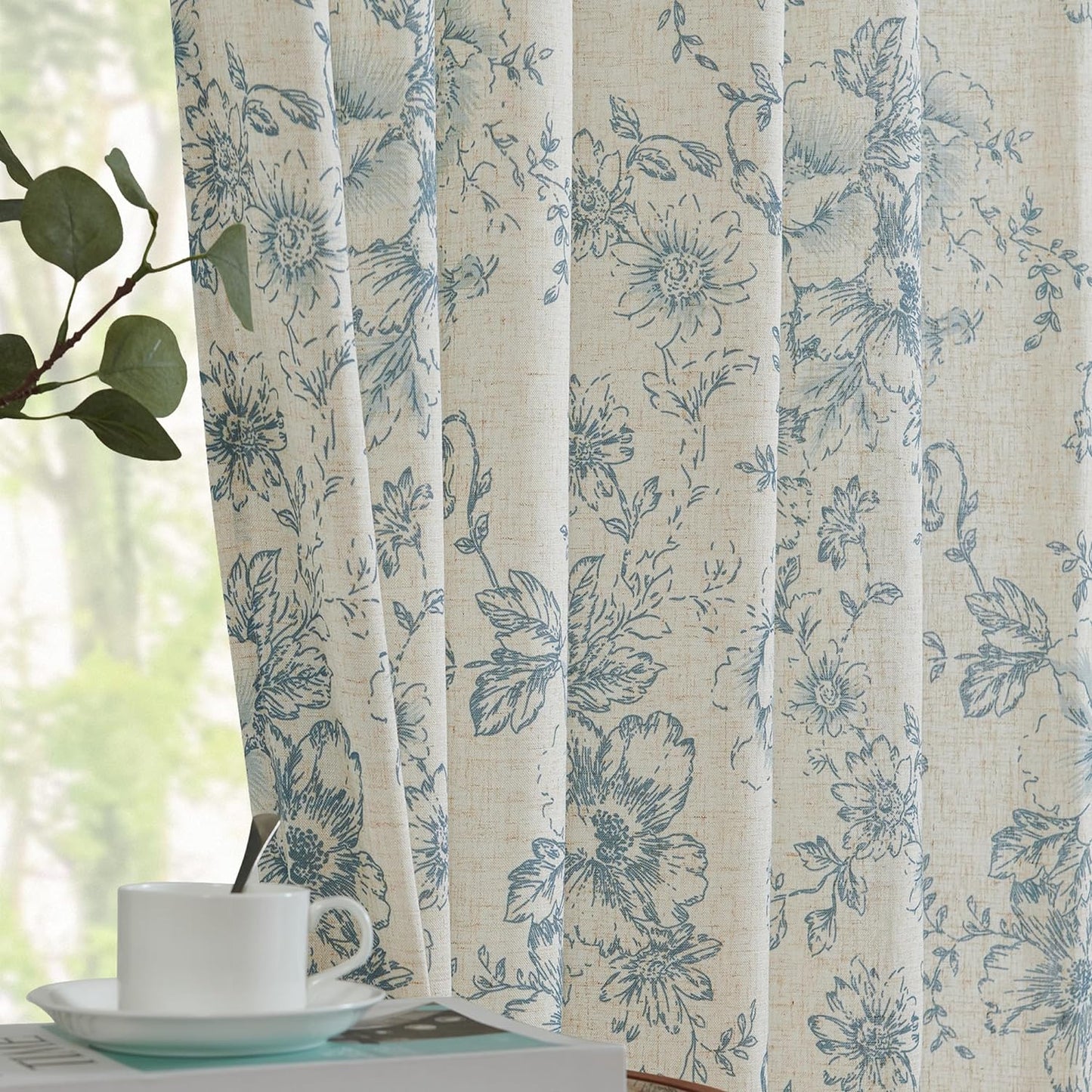 Jinchan Linen Curtains Floral Curtains for Living Room 84 Inch Length Black Printed Curtains Rod Pocket Back Tab Farmhouse Peony Flower Patterned Drapes Bedroom Window Curtain Set 2 Panels  CKNY HOME FASHION Flower Blue 50"W X 90"L 