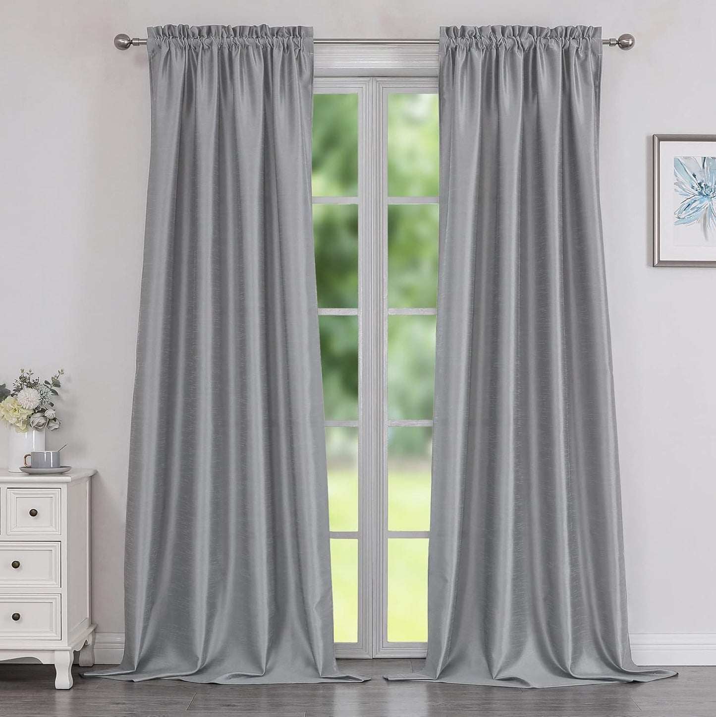 Chyhomenyc Uptown Sage Green Kitchen Curtains 45 Inch Length 2 Panels, Room Darkening Faux Silk Chic Fabric Short Window Curtains for Bedroom Living Room, Each 30Wx45L  Chyhomenyc Silver Gray 2X40"Wx96"L 